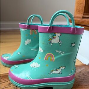 Unicorn Print Kids Boots - Teal and Pink